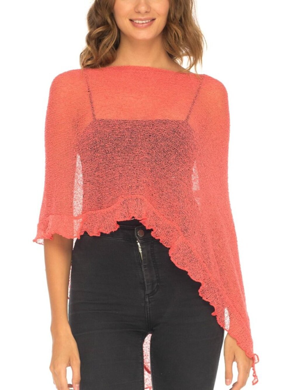 Women’s Coral Sheer Knit Poncho Shrug Lightweight Asymmetrical Ruffle Wraps